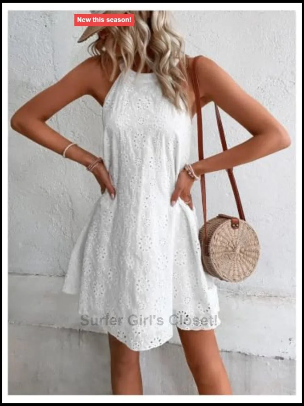 Women's Eyelet Halter A-Line Flowy Mini Sundress Keyhole Back Vacation